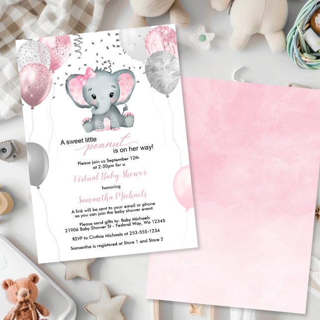 Convite Chá de fraldas Virtual de Balões de Elefante Bonit (Cute Elephant Girl Balloons Virtual Baby Shower Invitation
)