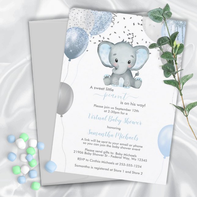 Convite Chá de fraldas Virtual de Balões de Elefante Cujo  (Blue Elephant Baby Shower Invitation)