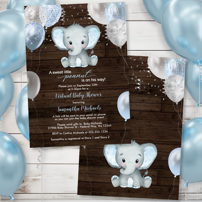 Convite Chá de fraldas Virtual de Balões de Elefantes Russ (Rustic Elephant Boy Balloons Virtual Baby Shower Invitation)