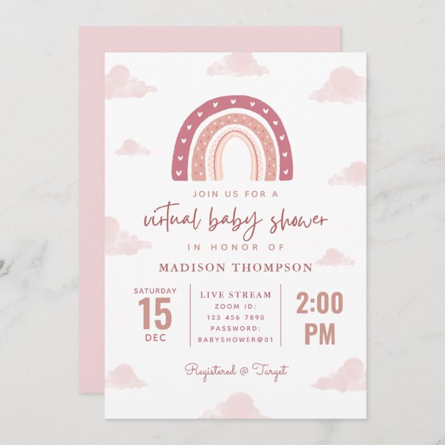 Convite Chá de fraldas Virtual de Nuvens do Arco-Íris Rosa (Frente/Verso)