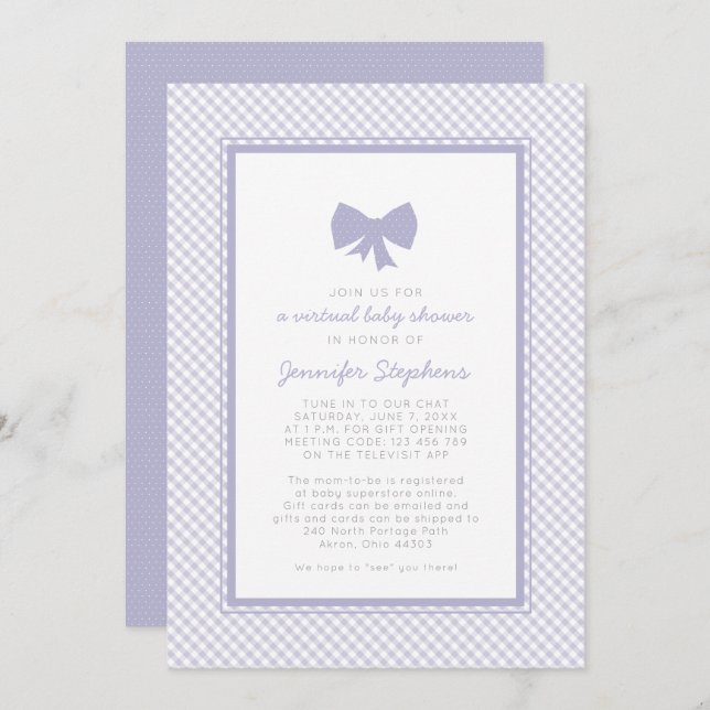 Convite Chá de fraldas virtual do arco roxo Gingham (Frente/Verso)