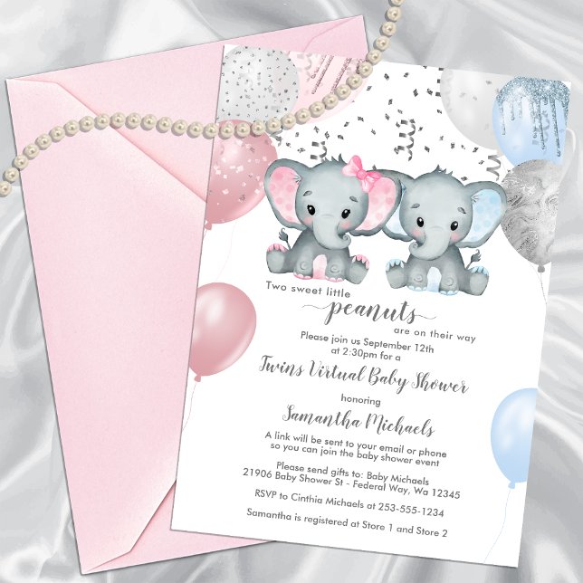 Convite Chá de fraldas Virtual do Balão Gêmeos de Elefante (Cute Elephant Twins Balloon Virtual Baby Shower Invitation)