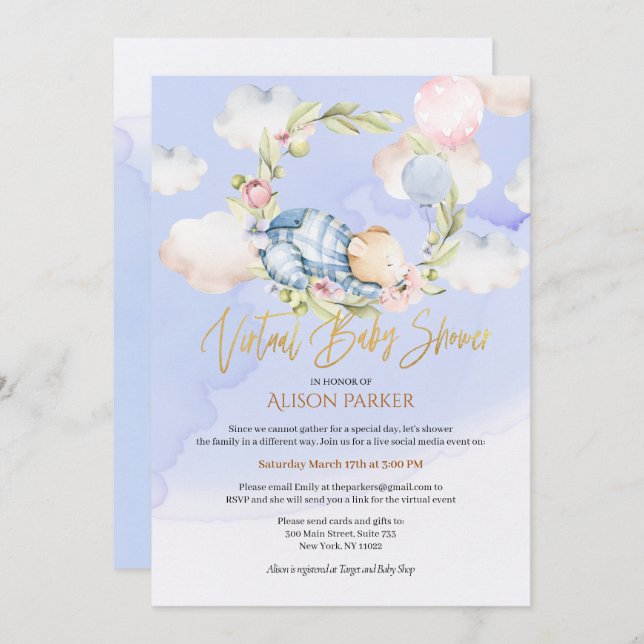 Convite Chá de fraldas Virtual do Boy Teddy Bear Woodland (Frente/Verso)