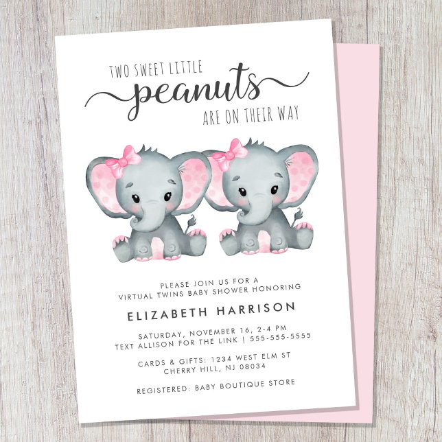 Convite Chá de fraldas Virtual Elephant Twin Girls (Cute twin girls virtual baby shower invitation)