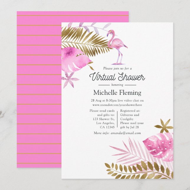 Convite Chá de fraldas virtual Flamingo, rosa e Dourado (Frente/Verso)