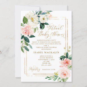 Convite Chá de fraldas Virtual Floral Floral de Creme Rosa