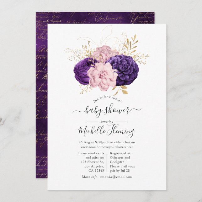 Convite Chá de fraldas Virtual Floral Rosa e Puro (Frente/Verso)