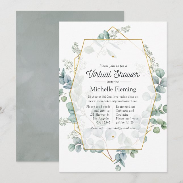 Convite Chá de fraldas Virtual Geométrico Eucalyptus (Frente/Verso)