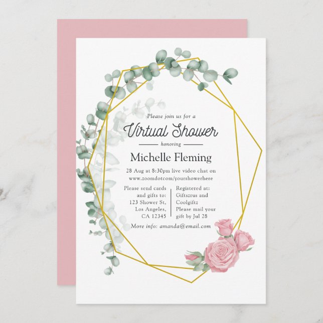 Convite Chá de fraldas Virtual Geométrico Eucalyptus (Frente/Verso)