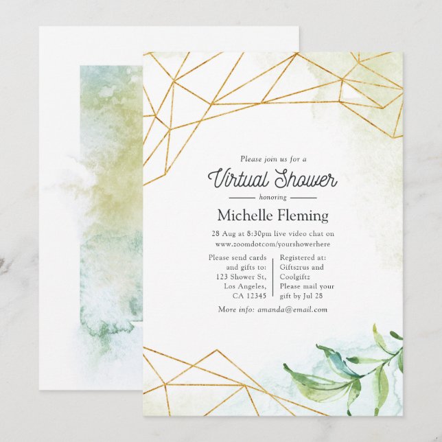 Convite Chá de fraldas Virtual Geométrico Trendy Watercolo (Frente/Verso)