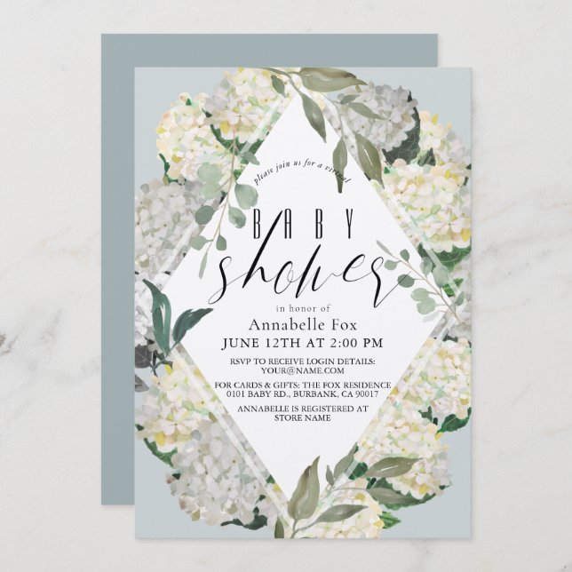 Convite Chá de fraldas Virtual Hydrangea Blue Rhonbus (Frente/Verso)