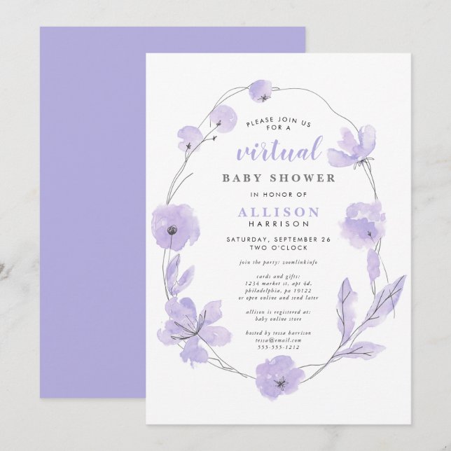 Convite Chá de fraldas virtual | Lavanda Floral Watercolor (Frente/Verso)