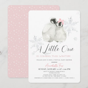 Convite Chá de fraldas virtual rosa-floco de neve do Pengu