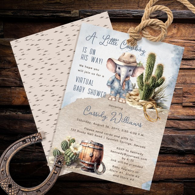 Convite Chá de fraldas Virtual Russo Western Elephant Cowb (Rustic Western Elephant Cowboy Boy Virtual Baby Shower Invitation)