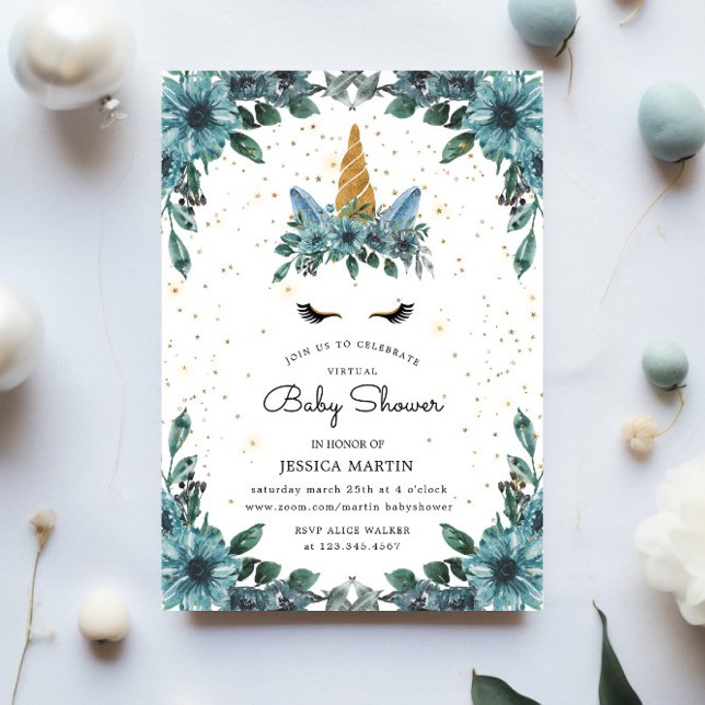 Convite Chá de fraldas Virtual Unicorn Azul com Sono (Criador carregado)