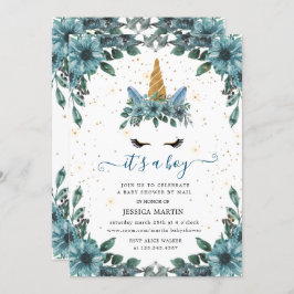 Convite chá de fraldas virtual unicórnio floral azul adorm