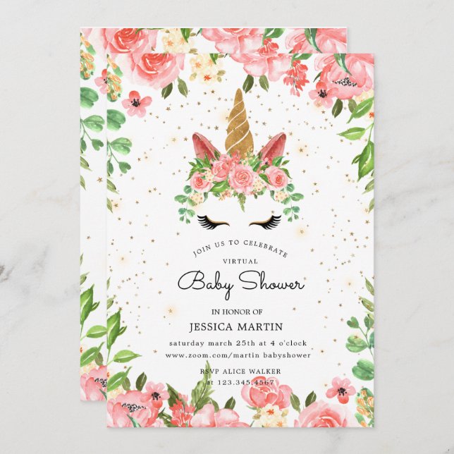 Convite chá de fraldas virtual unicórnio sonolento de rosa (Frente/Verso)