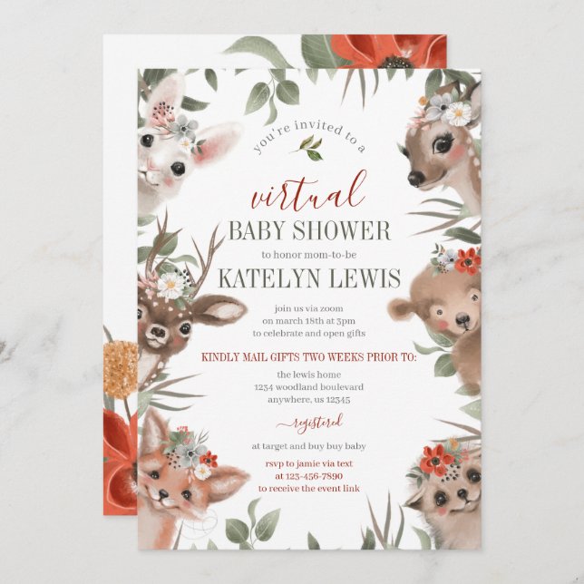 Convite Chá de fraldas Virtual Woodland Greenery (Frente/Verso)