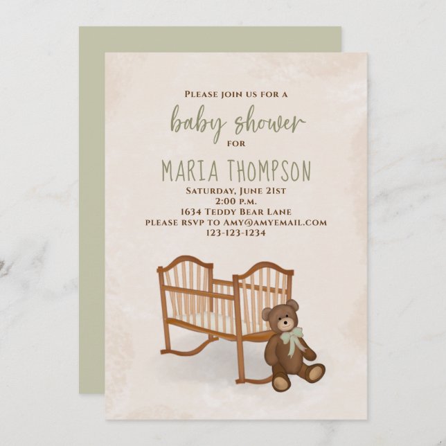 Convite Chá de fraldas Watercolor Gênero Ursinho Rústico N (Frente/Verso)