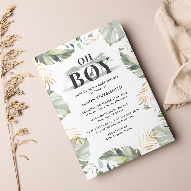 Convite Chá de fraldas Watercolor Palm Giraffe Safari (Oh Boy Safari Watercolor Baby Shower Invitation)