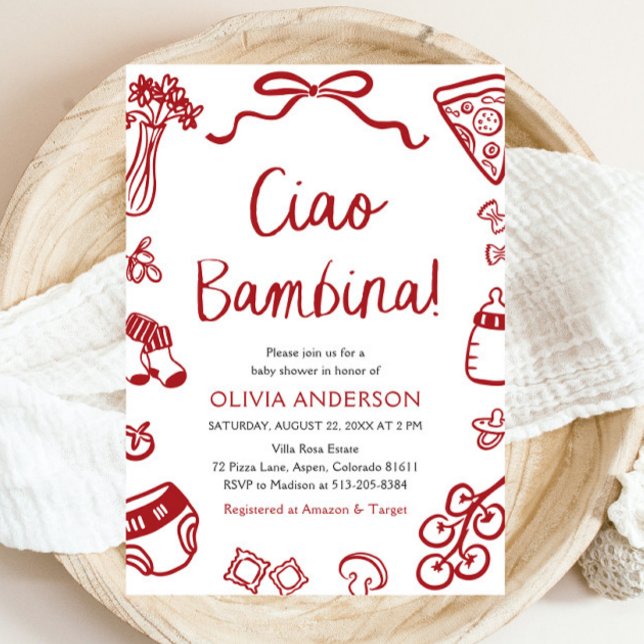 Convite Chá de fraldas Whimesical de Garota Ciao Bambina I (Watercolor Ciao Bambina Whimsical Italian Pizza Baby Shower Invitation)