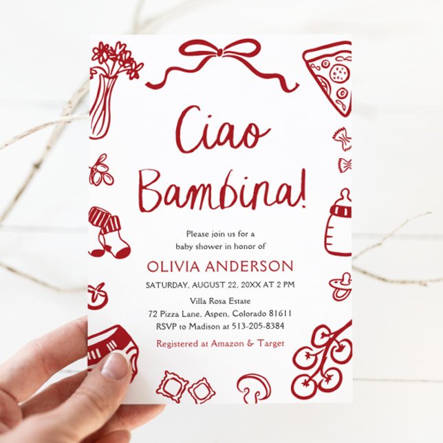 Convite Chá de fraldas Whimesical de Garota Ciao Bambina I (Watercolor Ciao Bambina Whimsical Italian Pizza Baby Shower Invitation)