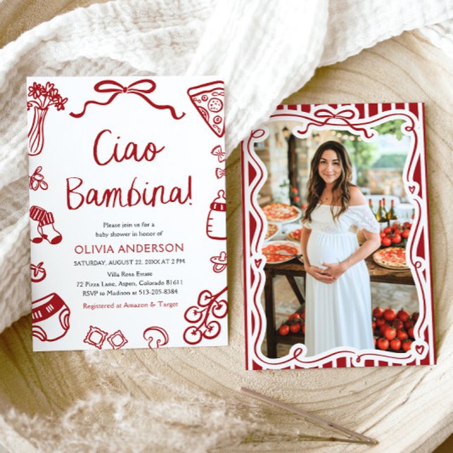 Convite Chá de fraldas Whimesical de Garota Ciao Bambina I (Watercolor Ciao Bambina Whimsical Italian Pizza Baby Shower Invitation)