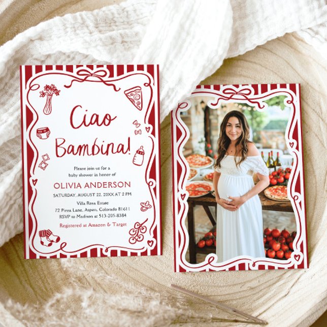 Convite Chá de fraldas Whimesical de Garota Ciao Bambina I (Watercolor Ciao Bambina Girl Whimsical Italian Baby Shower Invitation)