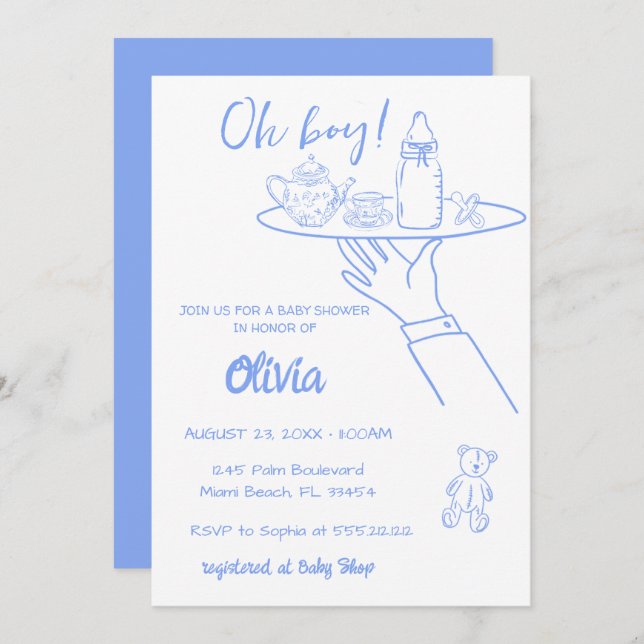 Convite Chá de fraldas Whimsical com Desenho de Mão Azul (Frente/Verso)