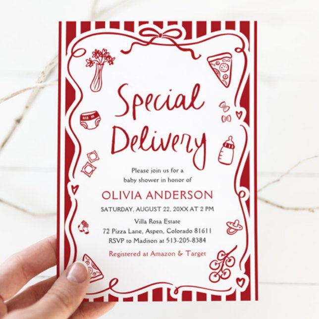 Convite Chá de fraldas Whimsical de Entrega Especial Itali (Watercolor Italian Special Delivery Whimsical Baby Shower Invitation)