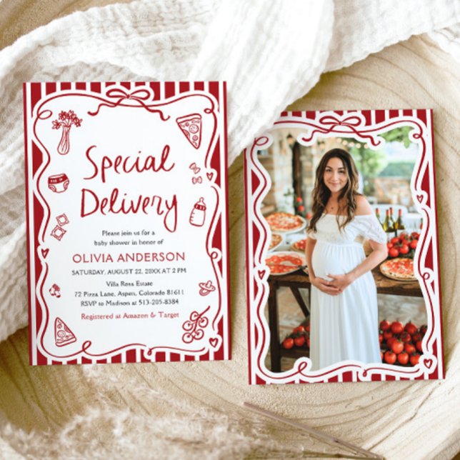 Convite Chá de fraldas Whimsical de Entrega Especial Itali (Watercolor Italian Special Delivery Whimsical Baby Shower Invitation)