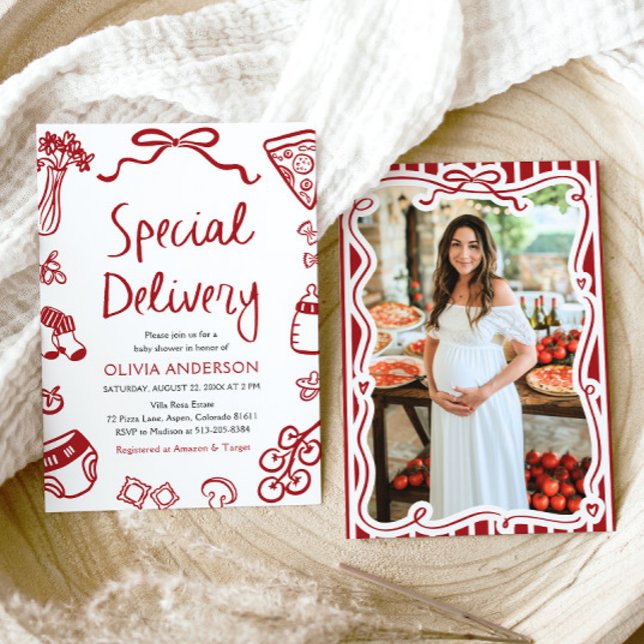 Convite Chá de fraldas Whimsical de Entrega Especial Itali (Watercolor Italian Special Delivery Whimsical Baby Shower Invitation)