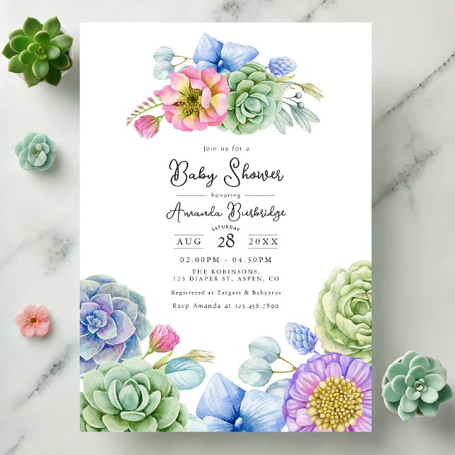 Convite Chá de fraldas Whimsical Floral and Succult (Whimsical Floral and Succulent Baby Shower Invitation)