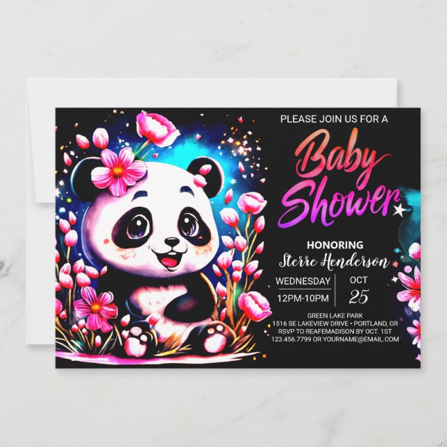 Convite Chá de fraldas Whimsical Panda Enchantation Girl (Frente)