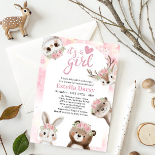 Convite Chá de fraldas Whimsical Pink Flor Woodland Girl
