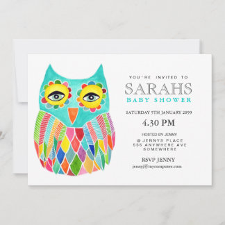 Convite Chá de fraldas Whimsical Rainbow Owl Conite