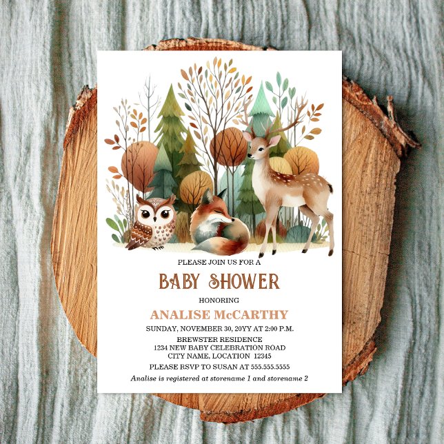 Convite Chá de fraldas Whimsical Woodland (Whimsical woodland baby shower invitation front view.)