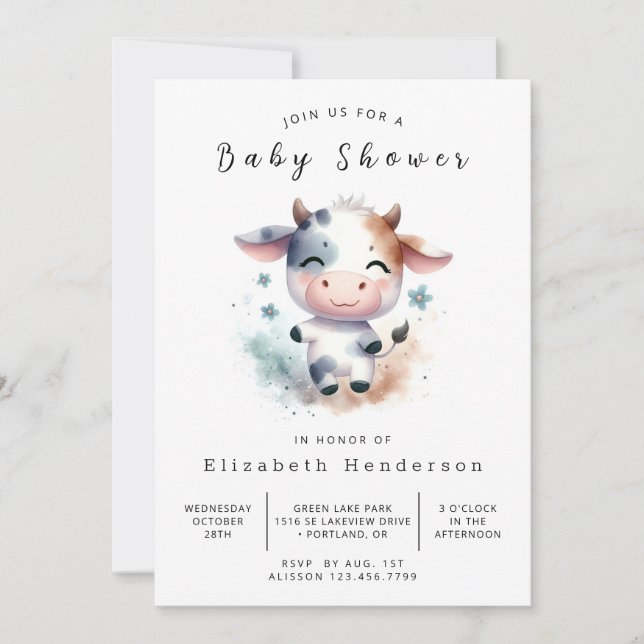 Convite Chá de fraldas Whimsy Cow (Frente)