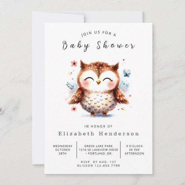 Convite Chá de fraldas Whimsy Online Owl (Frente)