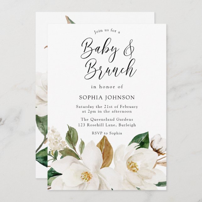 Convite Chá de fraldas White Floral Elegante Baby & Brunch (Frente/Verso)