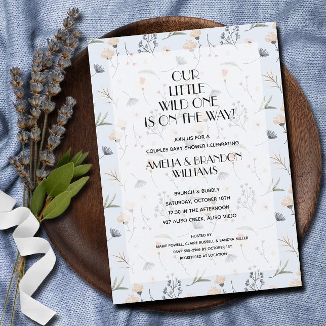 Convite Chá de fraldas Wild One Floral Blue Boy (Wild One is on the Way! Wildflowers on blue boy baby shower invitations - INSTANT DOWNLOAD & PRINTED)