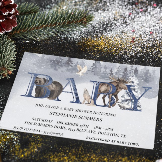 Convite Chá de fraldas Woodland Bear Winter Watercolor (Criador carregado)