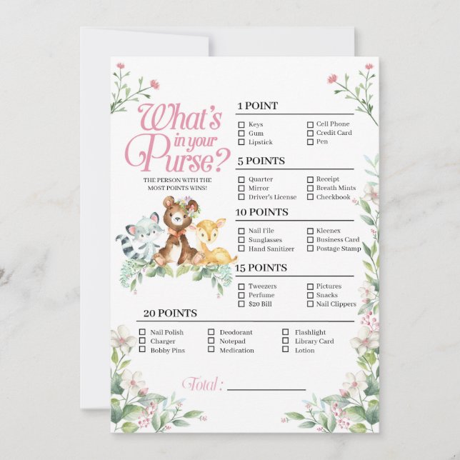 Convite Chá de fraldas Woodland O que há no seu jogo de bo (Frente)