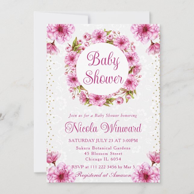 Convite Chá de fraldas Wreath de Cherry Blossoms (Frente)
