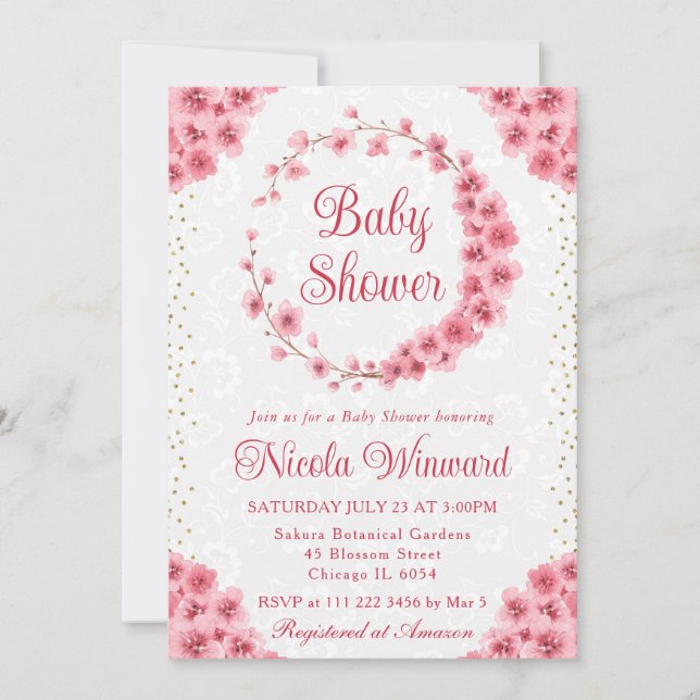 Convite Chá de fraldas Wreath de Cherry Blossoms (Frente)