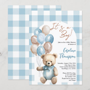 Convite Chá de fraldas Xadrez azul do Urso Teddy