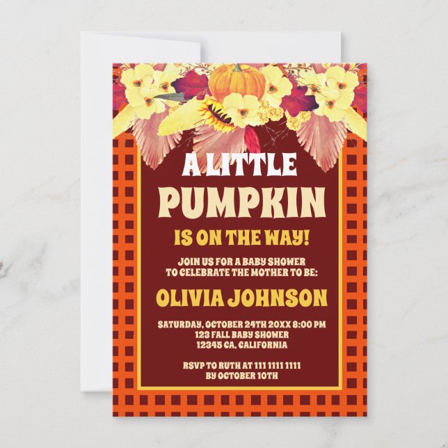 Convite Chá de fraldas Xadrez Laranja Boho Pumpkin (Frente)