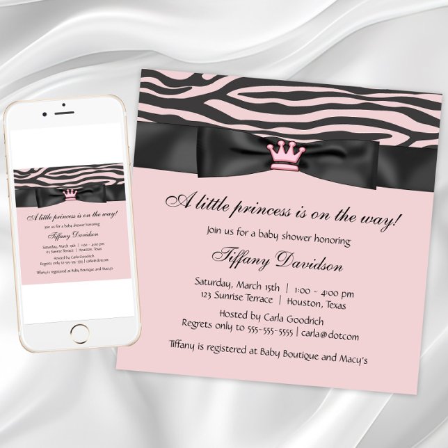 Convite Chá de fraldas Zebra Rosa (Pink zebra baby shower invitation. Add your own text. Digital download and printed invitations.)