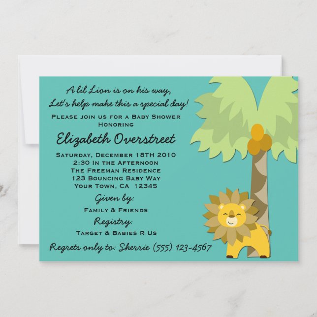 Convite Chá de fraldas Zoo Safari, Garoto do Leão do Rei S (Frente)