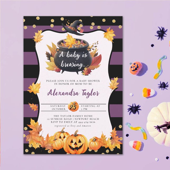 Convite Chá de Garota Bonitinha Bonitinha de Queda de Hall (halloween baby shower witch cauldron pumpkin invitation october novermber fall)